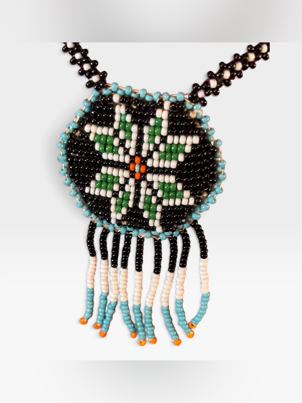 Vintage 70s Beaded Rosette Star Fringe Medallion Necklace 25"